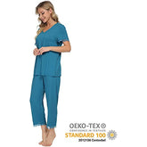 DE Mnemo Schlafanzug Damen Kurzarm Pyjama Capri mit V-Ausschnitt und Caprihose 2 Stück Weiche Nachtwäsche Loungewear mit Spitzendekoration